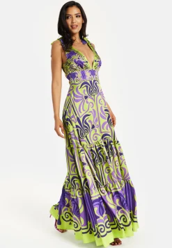 Women's Maxi Dress with Flowing Tiered Skirt in Purple and Lime Green - Deep V-Neck Style by Liquorish
