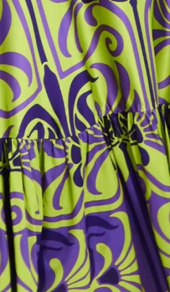 Women's Maxi Dress with Flowing Tiered Skirt in Purple and Lime Green - Deep V-Neck Style by Liquorish