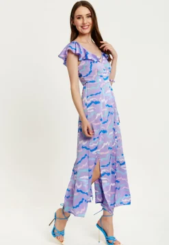 Women's Maxi Dress with Flouncy Sleeves and Abstract Zebra Print in Lilac - Liquorish