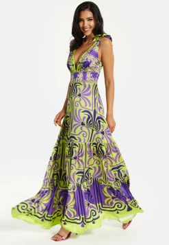 Women's Maxi Dress with Flowing Tiered Skirt in Purple and Lime Green - Deep V-Neck Style by Liquorish