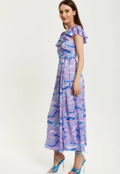 Women's Maxi Dress with Flouncy Sleeves and Abstract Zebra Print in Lilac - Liquorish