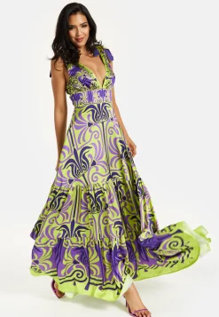 Women's Maxi Dress with Flowing Tiered Skirt in Purple and Lime Green - Deep V-Neck Style by Liquorish