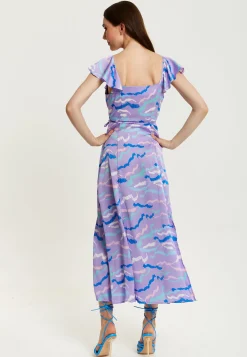 Women's Maxi Dress with Flouncy Sleeves and Abstract Zebra Print in Lilac - Liquorish
