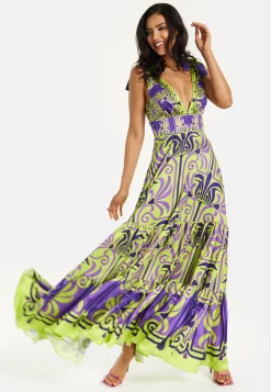 Women's Maxi Dress with Flowing Tiered Skirt in Purple and Lime Green - Deep V-Neck Style by Liquorish
