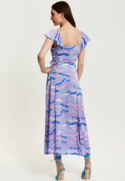 Women's Maxi Dress with Flouncy Sleeves and Abstract Zebra Print in Lilac - Liquorish