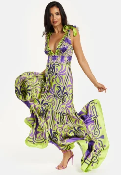 Women's Maxi Dress with Flowing Tiered Skirt in Purple and Lime Green - Deep V-Neck Style by Liquorish