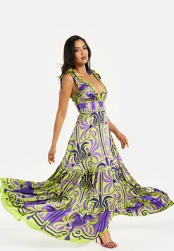 Women's Maxi Dress with Flowing Tiered Skirt in Purple and Lime Green - Deep V-Neck Style by Liquorish