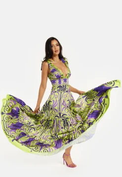 Women's Maxi Dress with Flowing Tiered Skirt in Purple and Lime Green - Deep V-Neck Style by Liquorish