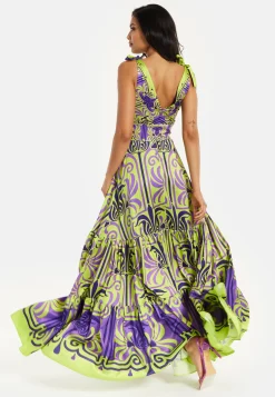 Women's Maxi Dress with Flowing Tiered Skirt in Purple and Lime Green - Deep V-Neck Style by Liquorish