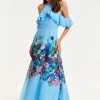 Women's Maxi Dress with Frill Details in Blue, Sleeveless Design, Floral Print, Perfect Fit - Liquorish
