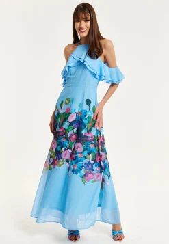Women's Maxi Dress with Frill Details in Blue, Sleeveless Design, Floral Print, Perfect Fit - Liquorish