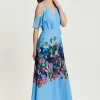 Women's Maxi Dress with Frill Details in Blue, Cold Shoulder and Sleeveless Design, Floral Print - Liquorish