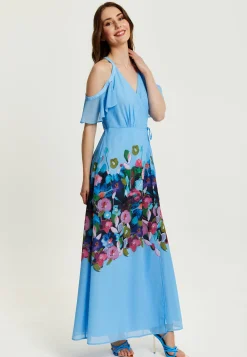 Women's Maxi Dress with Frill Details in Blue, Cold Shoulder and Sleeveless Design, Floral Print - Liquorish