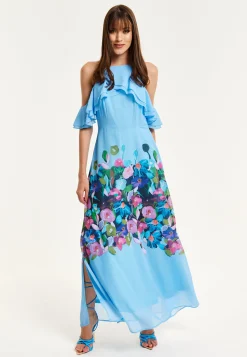 Women's Maxi Dress with Frill Details in Blue, Sleeveless Design, Floral Print, Perfect Fit - Liquorish