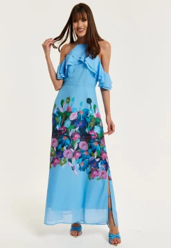 Women's Maxi Dress with Frill Details in Blue, Sleeveless Design, Floral Print, Perfect Fit - Liquorish