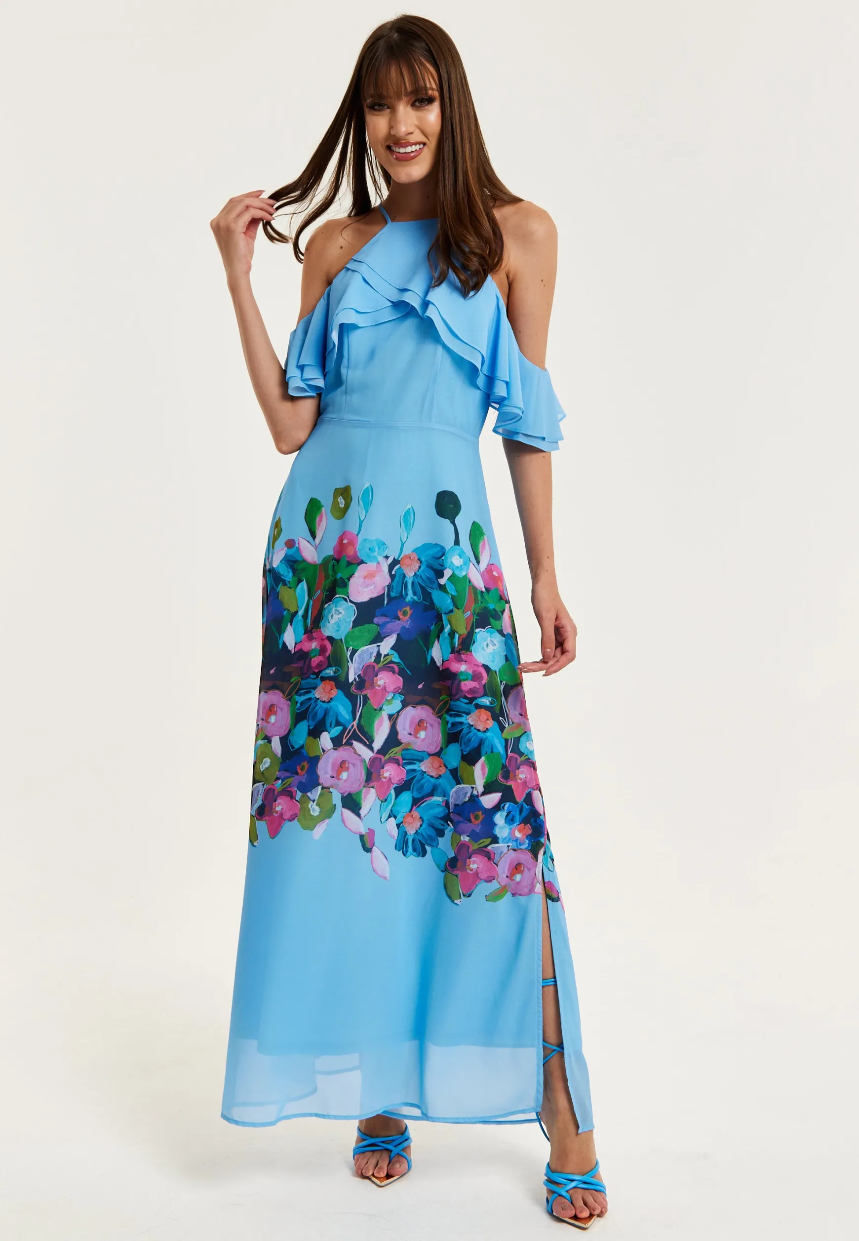 Women's Maxi Dress with Frill Details in Blue, Sleeveless Design, Floral Print, Perfect Fit - Liquorish