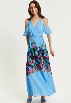 Women's Maxi Dress with Frill Details in Blue, Cold Shoulder and Sleeveless Design, Floral Print - Liquorish