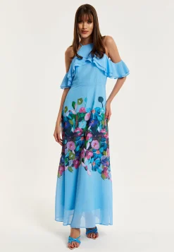 Women's Maxi Dress with Frill Details in Blue, Sleeveless Design, Floral Print, Perfect Fit - Liquorish
