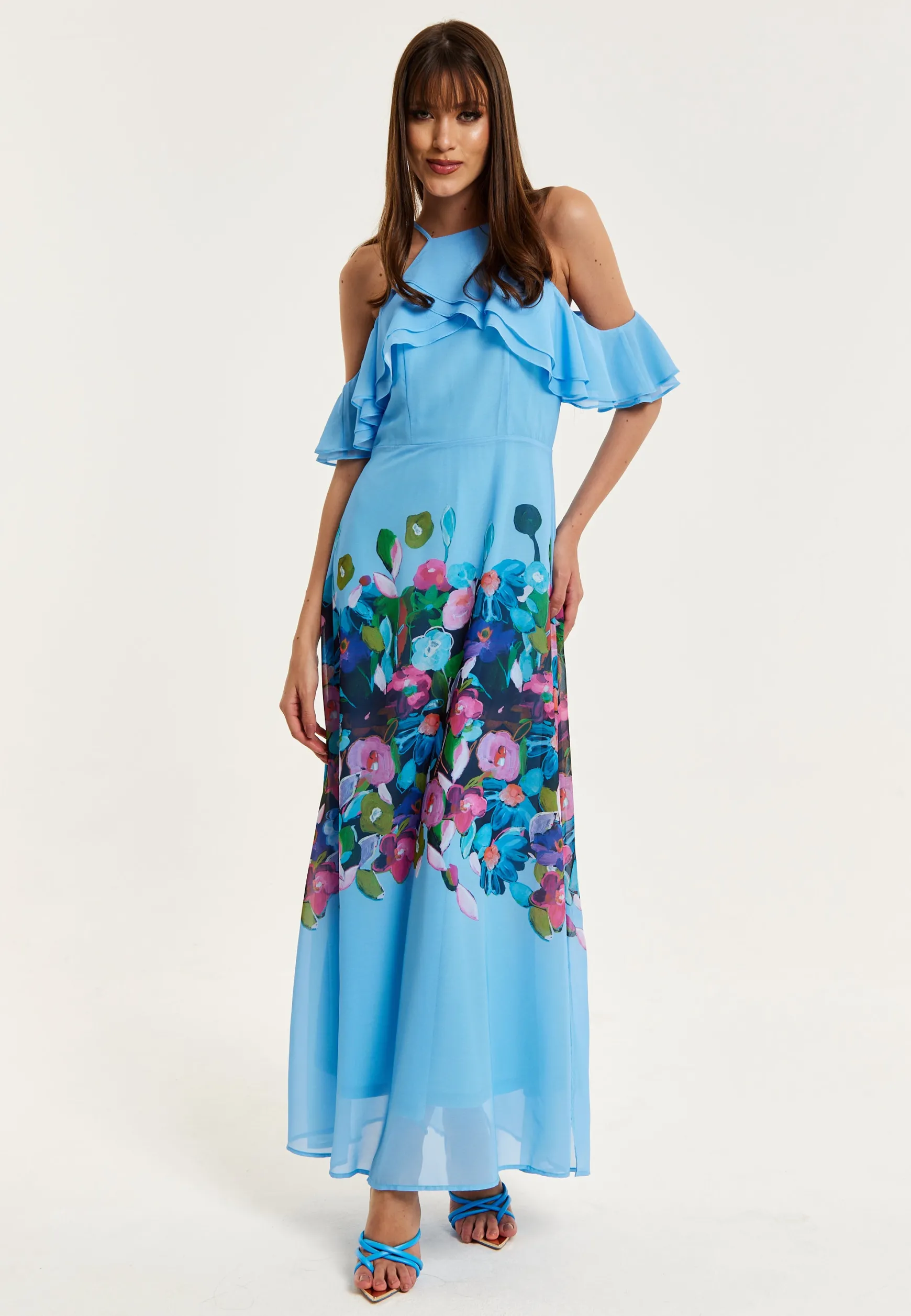 Women's Maxi Dress with Frill Details in Blue, Sleeveless Design, Floral Print, Perfect Fit - Liquorish