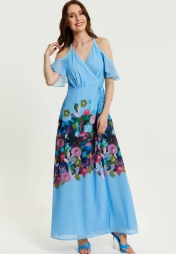 Women's Maxi Dress with Frill Details in Blue, Cold Shoulder and Sleeveless Design, Floral Print - Liquorish