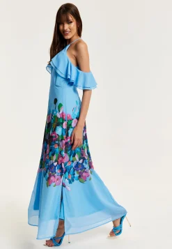 Women's Maxi Dress with Frill Details in Blue, Sleeveless Design, Floral Print, Perfect Fit - Liquorish