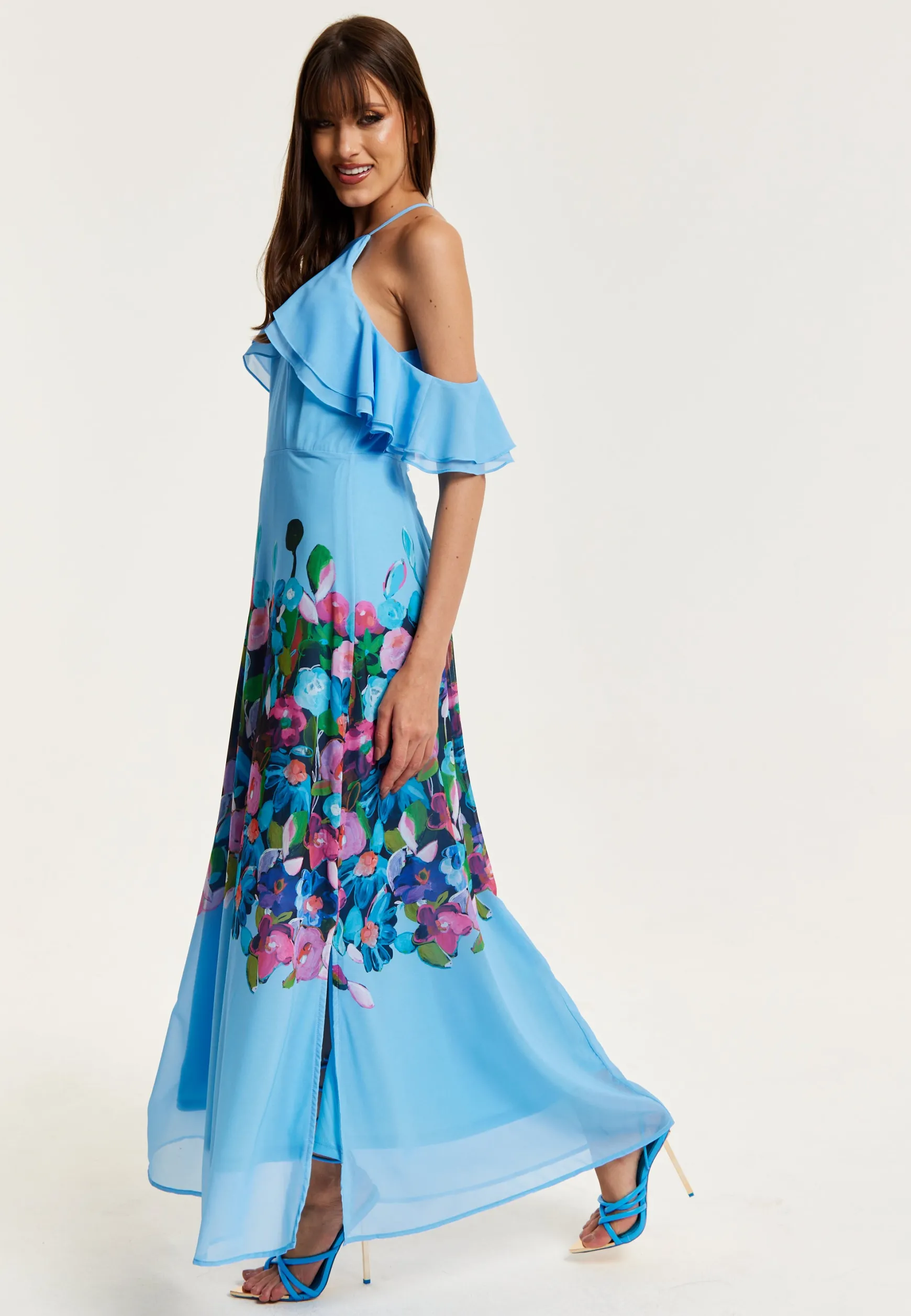Women's Maxi Dress with Frill Details in Blue, Sleeveless Design, Floral Print, Perfect Fit - Liquorish