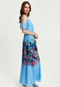 Women's Maxi Dress with Frill Details in Blue, Cold Shoulder and Sleeveless Design, Floral Print - Liquorish