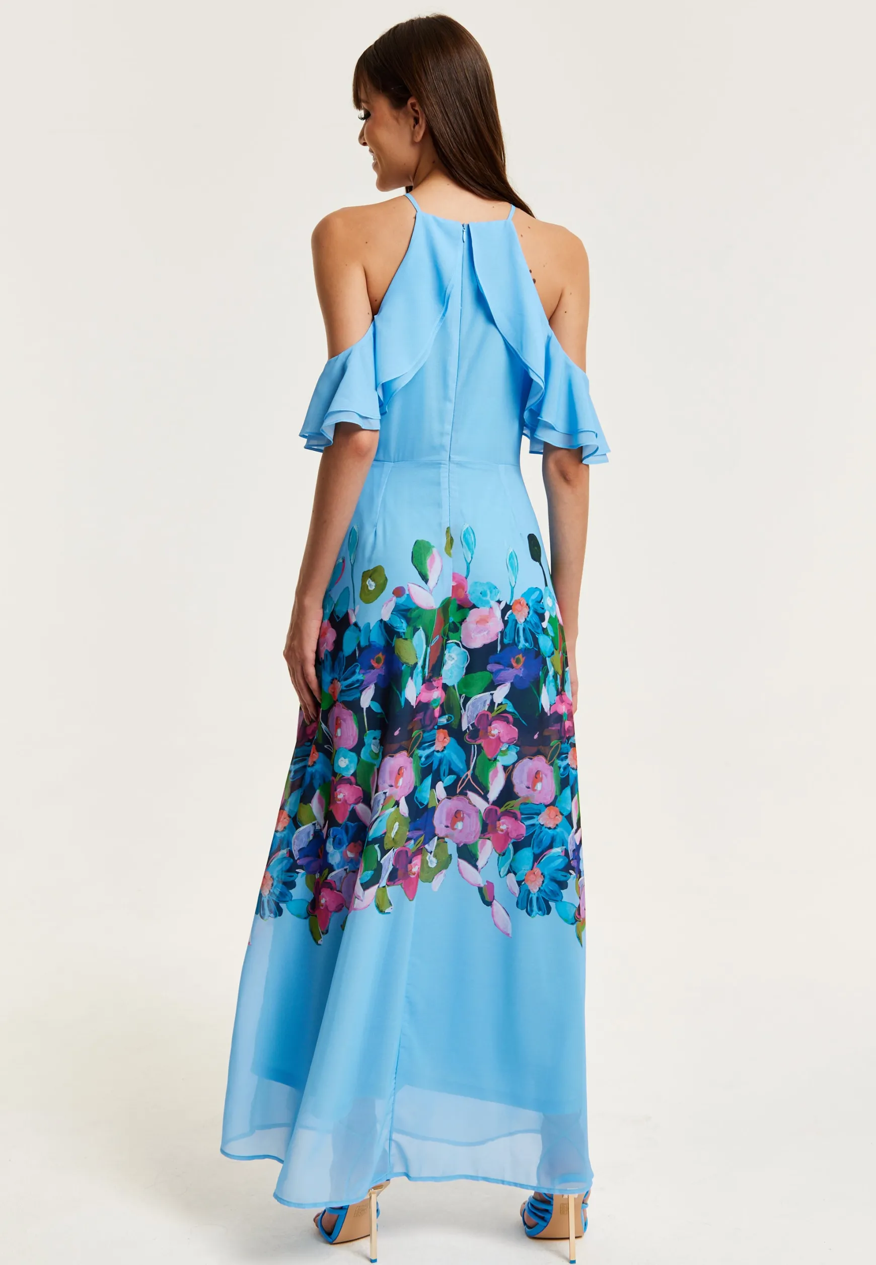 Women's Maxi Dress with Frill Details in Blue, Sleeveless Design, Floral Print, Perfect Fit - Liquorish