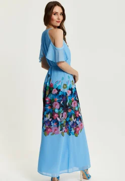 Women's Maxi Dress with Frill Details in Blue, Cold Shoulder and Sleeveless Design, Floral Print - Liquorish