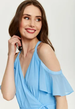 Women's Maxi Dress with Frill Details in Blue, Cold Shoulder and Sleeveless Design, Floral Print - Liquorish