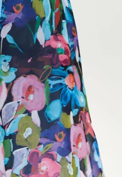 Women's Maxi Dress with Frill Details in Blue, Cold Shoulder and Sleeveless Design, Floral Print - Liquorish