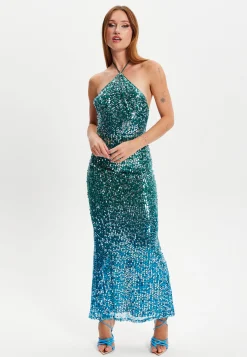 Women's Maxi Dress with Halter Neck & Open Back, Slim Fit, Zip-Side Fastening, Sequin Detail, in Beautiful Color - Liquorish