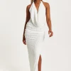 Women’s Maxi Dress with Halter Neck and Deep V Neck in White - Bodycon Fit Jersey by Liquorish