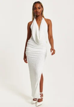 Women’s Maxi Dress with Halter Neck and Deep V Neck in White - Bodycon Fit Jersey by Liquorish