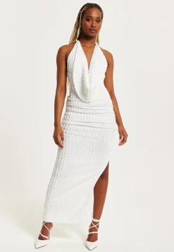 Women’s Maxi Dress with Halter Neck and Deep V Neck in White - Bodycon Fit Jersey by Liquorish