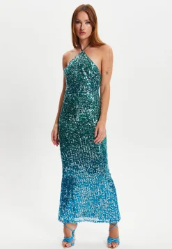 Women's Maxi Dress with Halter Neck & Open Back, Slim Fit, Zip-Side Fastening, Sequin Detail, in Beautiful Color - Liquorish