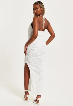 Women’s Maxi Dress with Halter Neck and Deep V Neck in White - Bodycon Fit Jersey by Liquorish
