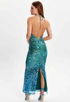 Women's Maxi Dress with Halter Neck & Open Back, Slim Fit, Zip-Side Fastening, Sequin Detail, in Beautiful Color - Liquorish