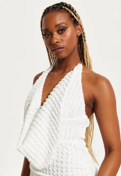 Women’s Maxi Dress with Halter Neck and Deep V Neck in White - Bodycon Fit Jersey by Liquorish