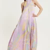 Women's Maxi Dress with High Neck and Front Slit in Lilac - Floaty Sleeveless Style by Liquorish