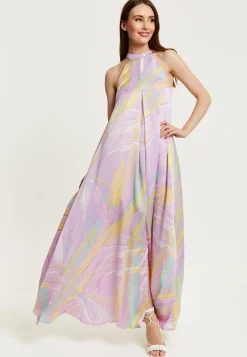Women's Maxi Dress with High Neck and Front Slit in Lilac - Floaty Sleeveless Style by Liquorish