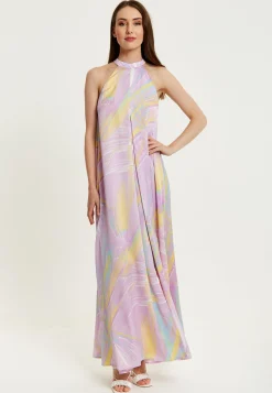 Women's Maxi Dress with High Neck and Front Slit in Lilac - Floaty Sleeveless Style by Liquorish