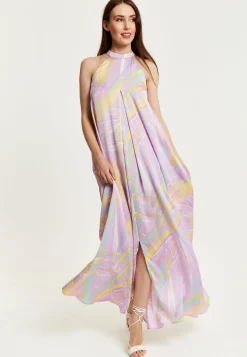 Women's Maxi Dress with High Neck and Front Slit in Lilac - Floaty Sleeveless Style by Liquorish