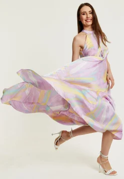 Women's Maxi Dress with High Neck and Front Slit in Lilac - Floaty Sleeveless Style by Liquorish