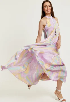 Women's Maxi Dress with High Neck and Front Slit in Lilac - Floaty Sleeveless Style by Liquorish