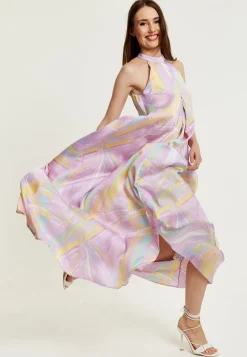 Women's Maxi Dress with High Neck and Front Slit in Lilac - Floaty Sleeveless Style by Liquorish