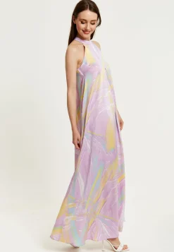 Women's Maxi Dress with High Neck and Front Slit in Lilac - Floaty Sleeveless Style by Liquorish
