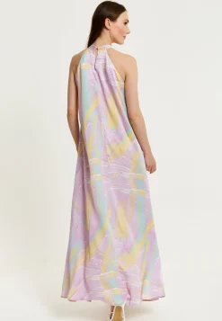Women's Maxi Dress with High Neck and Front Slit in Lilac - Floaty Sleeveless Style by Liquorish