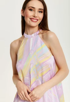 Women's Maxi Dress with High Neck and Front Slit in Lilac - Floaty Sleeveless Style by Liquorish