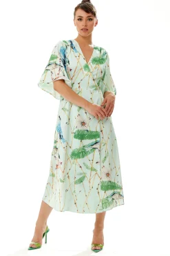 Women's Maxi Dress with Kimono Sleeves in Mint Green - Flattering Wrap Style and Charming Bird Print by Liquorish